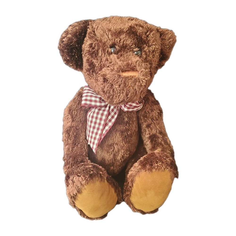 Chosun Silky Brown Teddy‎ Bear 9" Sitting W/ Burgundy Gingham Bow Soft Fur